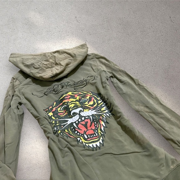 Vintage Ed Hardy Olive Green Tiger Full Zip Hoodie - Picture 1 of 10
